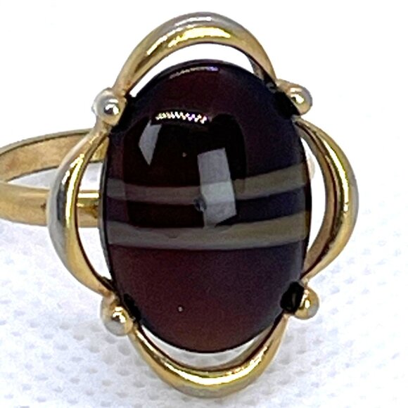 Sarah Coventry Brown Faux Tiger Eye Adjustable Gold-Tone Ring Size 7.25 Vintage - Picture 1 of 10